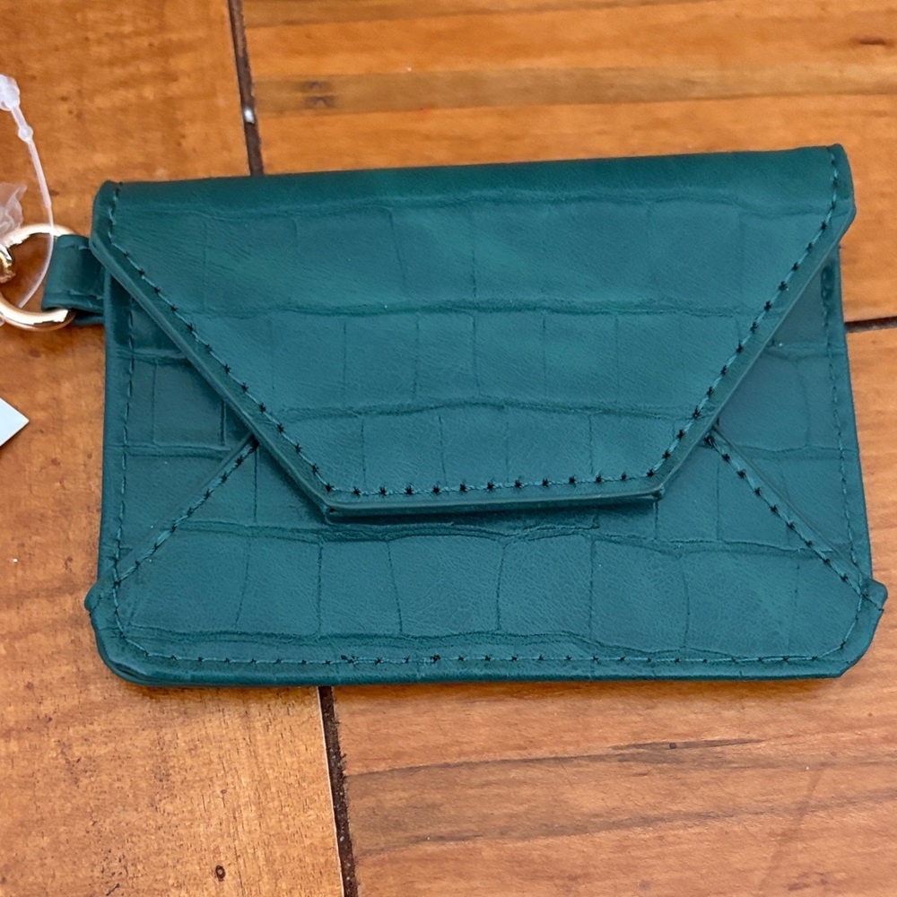 Ophelia Roe Forest Green Card Case ID Holder Key Chain Croc Embossed NEW - Picture 3 of 9